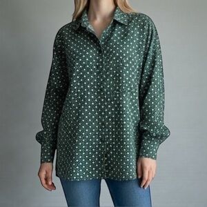 🍀2/$22 Vintage 90s Floral Green Button Down Boxy Goblincore Blouse Womens medium